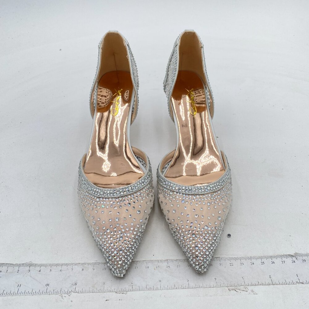 XYD Ivory Mesh Elegant Pointed Toe D'Orsay Kitten Heel Rhinestone Studs Pumps - Picture 3 of 8